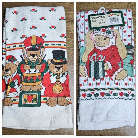 set of 2 Christmas kitchen towels teddy bears Royal Terry Bunny Grandma Core See - Picture 1 of 12